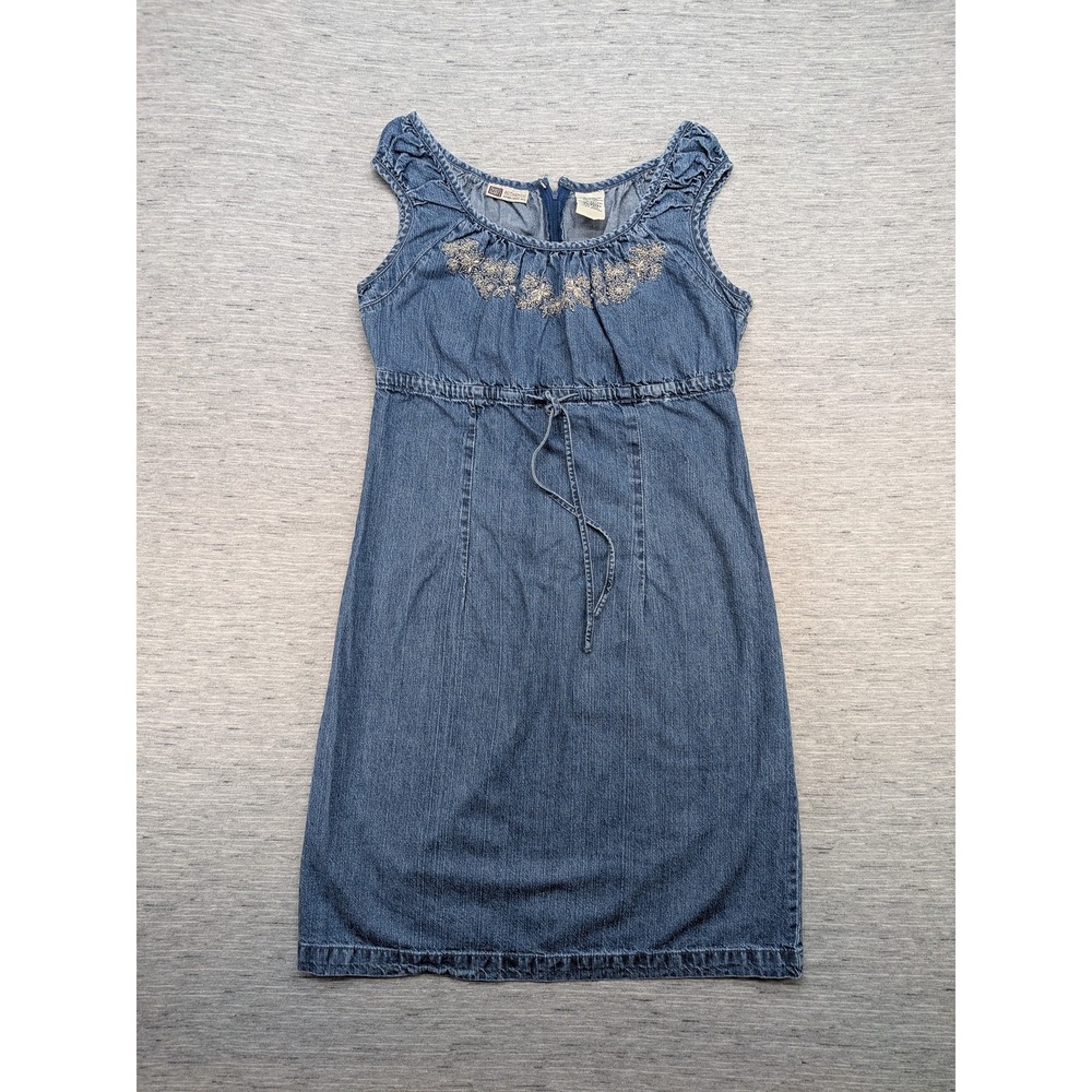 y2k Faded Glory Dress Womens Medium Denim Sleeveless Embroidered‎ Floral Boho